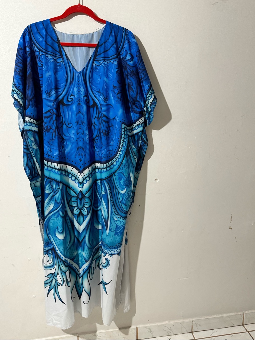 Woman’s Boho Blue Printed V-Neck Women's Swim Cover-Up Kaftan
